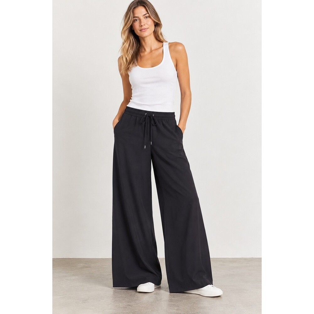 James Perse Women's Wide Leg Pants Size 1 Small Black Drawstring Pull On Relaxed